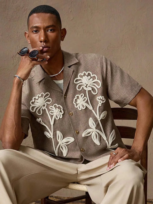 Marrone Camicia Artigianale con Ricamo Floreale a Mano